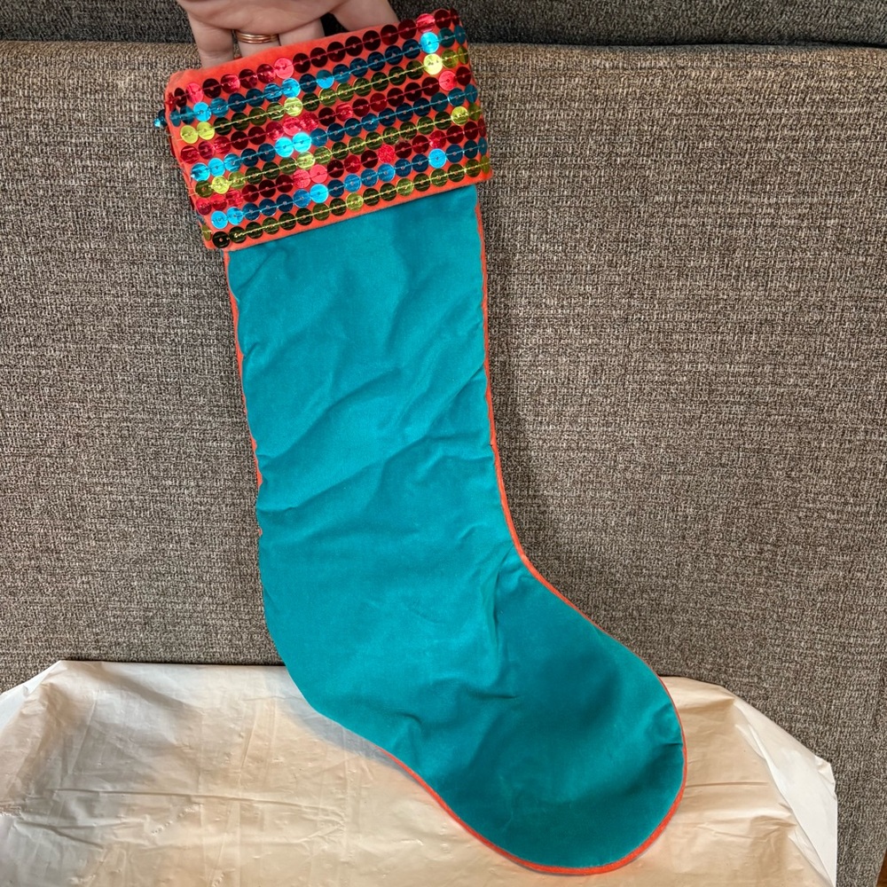 Onsco Turquoise Blue Orange Velveteen Christmas Stocking Sequined Cuff Decor